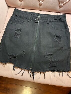 Forever 21 Distressed Black Denim Mini Skirt with Front Zip
